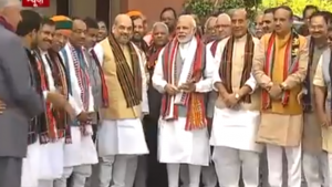 BJP MPs felicitate PM Narendra Modi, Amit Shah in Parliament for Assembly polls victory.