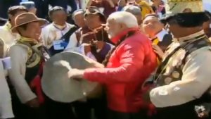 PM Narendra Modi plays traditional drums in Muktinath temple in Nepal.