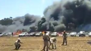 Over 100 vehicles gutted in fire during Aero India show at Yelahanka Air Base.