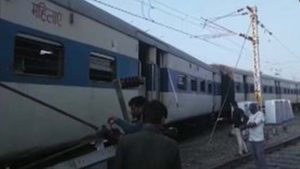 Four coaches of a train derail at Kanpur Central railway station, no injuries reported.