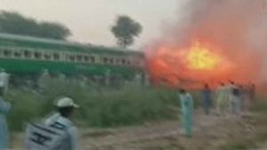 62 passengers dead, over 40 injured as train catches fire in Pakistan.