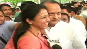 Ahead of oath-taking ceremony of new MLAs, Supriya Sule welcomes cousin Ajit Pawar with a hug.