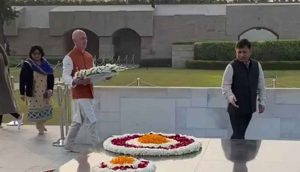 Amazon CEO Jeff Bezos pays homage to Mahatma Gandhi at Raj Ghat after arrival in India.