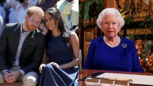 UK's Queen Elizabeth agrees grandson Harry, wife Meghan can exit senior royal role.