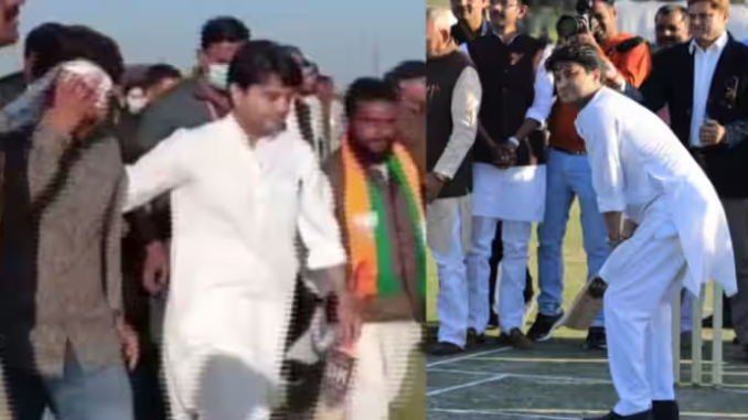 BJP Worker Injured While Trying to Catch a Ball hit by Jyotiraditya Scindia