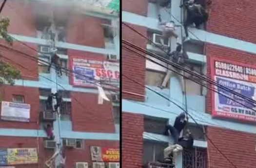 Students Use Wires To Escape After Fire Breaks Out At Building In Delhi's Mukherjee Nagar