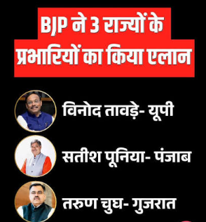 विनोद तावड़े यूपी, सतीश पूनिया पंजाब और तरुण चुघ गुजरात के इंचार्ज, बीजेपी ने जारी की प्रभारियों की लिस्ट