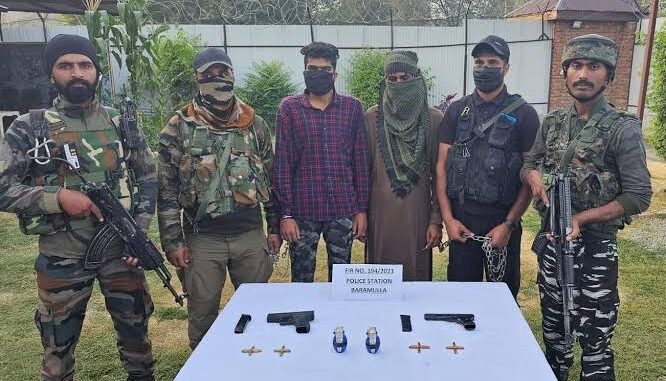 Two operatives arrested with Turkish pistol and suspected IEDs at Delina checkpoint in Baramulla